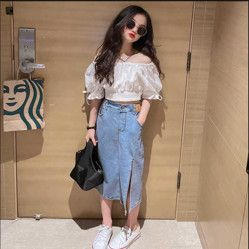 Clothing Sets Boutique Kids Clothes Suit 2023 Summer New Girls White Summer Tshirt Denim Skirt 2Pcs Set Teens Girls 6 8 10 12 Year Outfits W230210