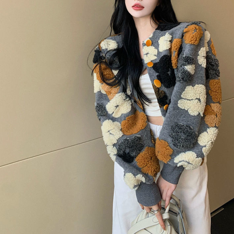 Womens Knits Tees EWQ Spring Three-dimensional Flower Bubble Sleeve O Neck Plush Cardigan Short Warm Coat Tops Women Red Clothing R172 230210