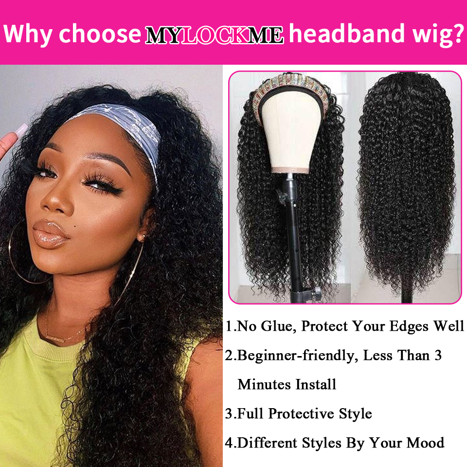 Lace Wigs Headband Wig Human Hair Kinky Curly MYLOCKME Glueless Full Machine Made Brazilian Remy For Women 180 Density 230210
