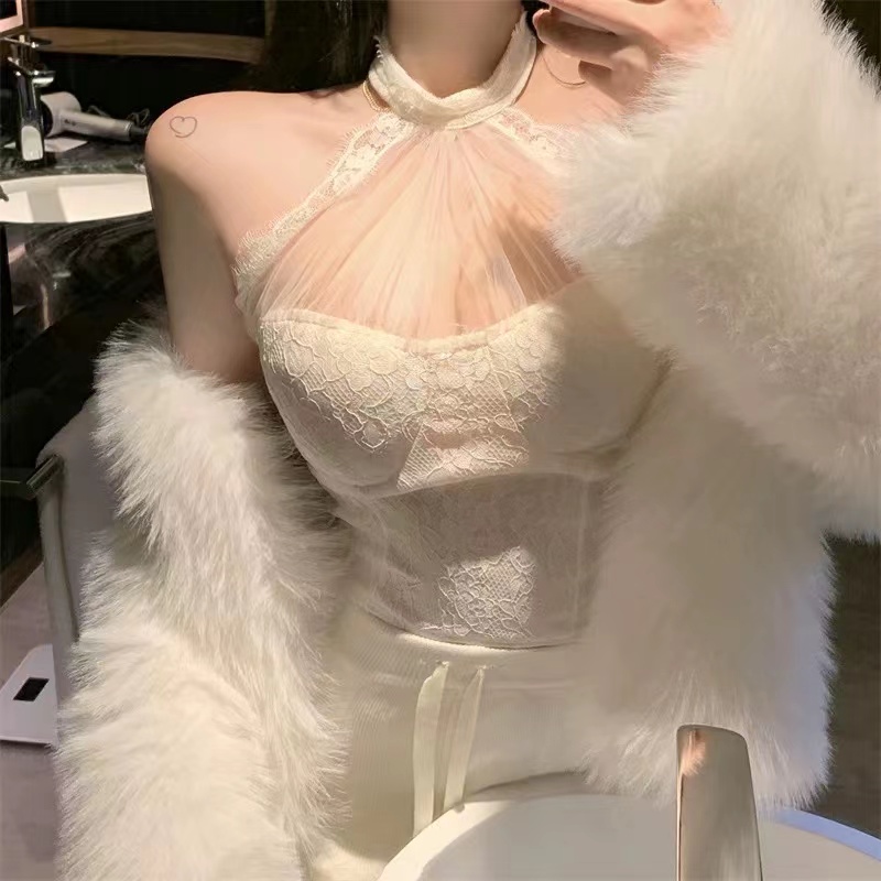 Women sexy halter neck gauze patched perspective lace floral padded bustier short tanks camis SML