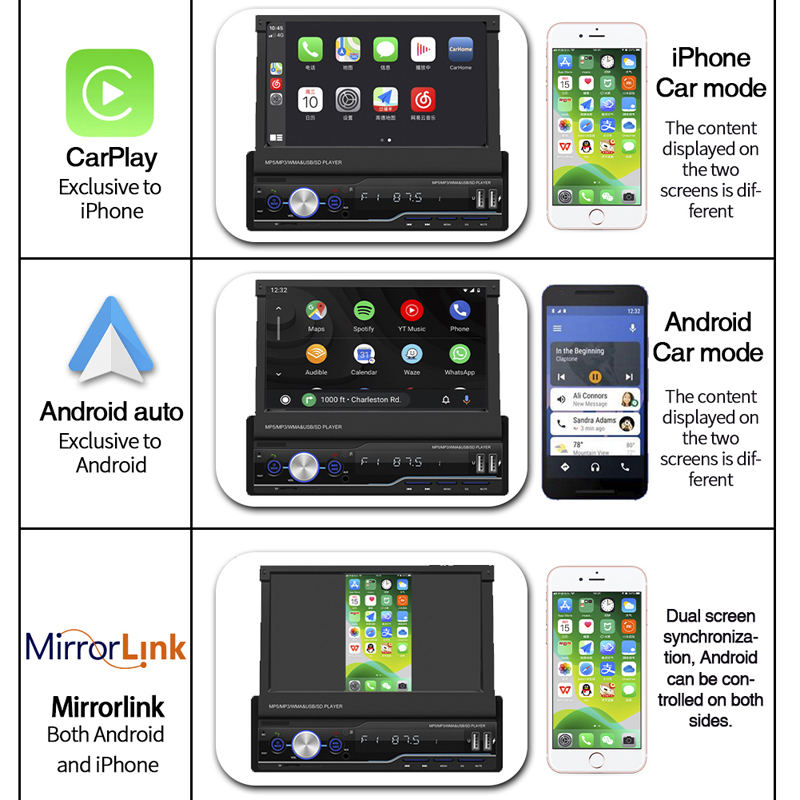 1 Din Apple Carplay Car Radio Retractable Screen Android-Auto Bluetooth Handsfree Mirror Link MP5 Player USB TF Head Unit T100C