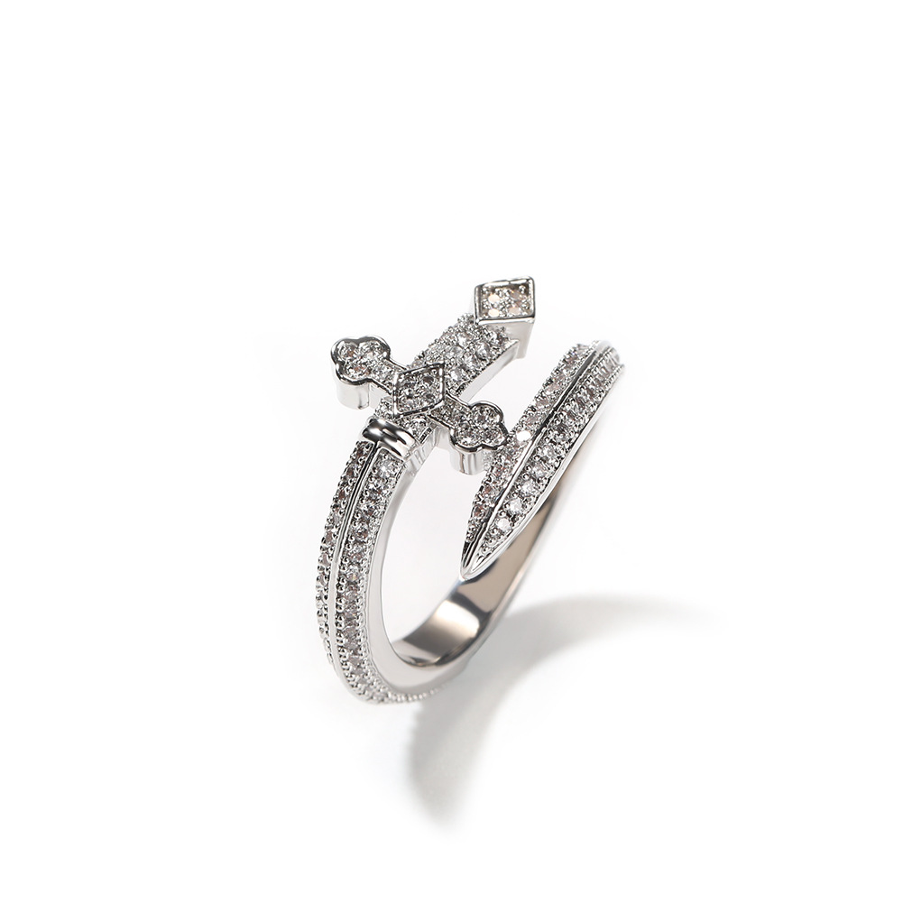 Hip Hop Retro Justice Sword Band Rings Real Gold Plated 5A Zircons Finger Jewelry