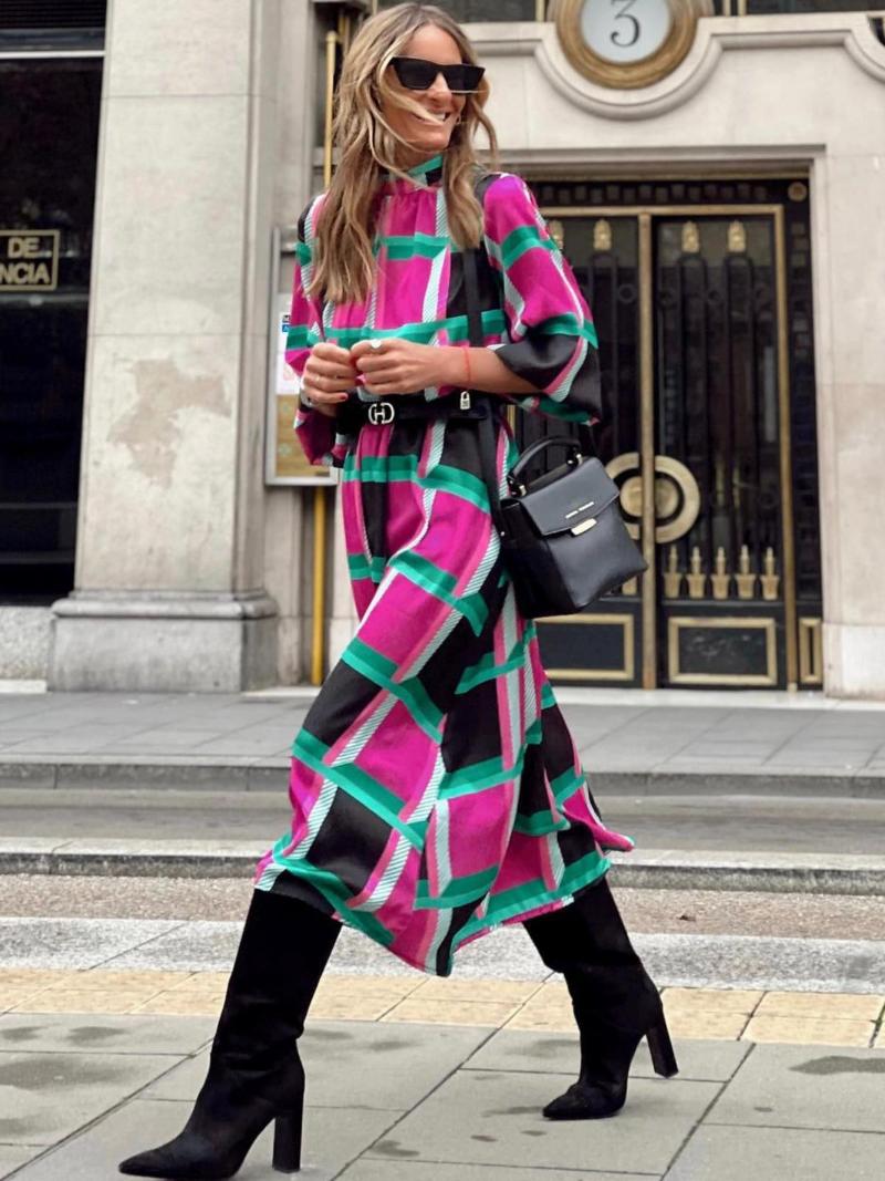 Casual Dresses Summer And Autumn Long Sleeve Printed Waist A-line Dress Womens Lantern Belt Fashion Holiday