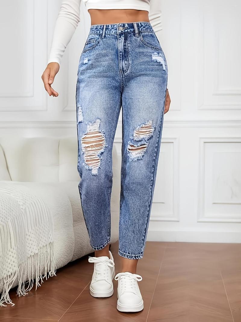Women's Jeans High Waist Slight Stretch Distressed Ripped Front Straight Legs Snowflake Blue Mom Denim
Women's Jeans High Waist Slight Stretch Distressed Ripped Front Straight Legs Snowflake Blue Mom Denim