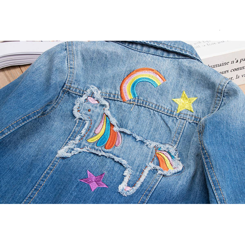 Jackets Cartoon Unicorn Embroidery Baby Girls Denim Coats Kids Jeans Toddlers Children Outerwear Clothes 230209