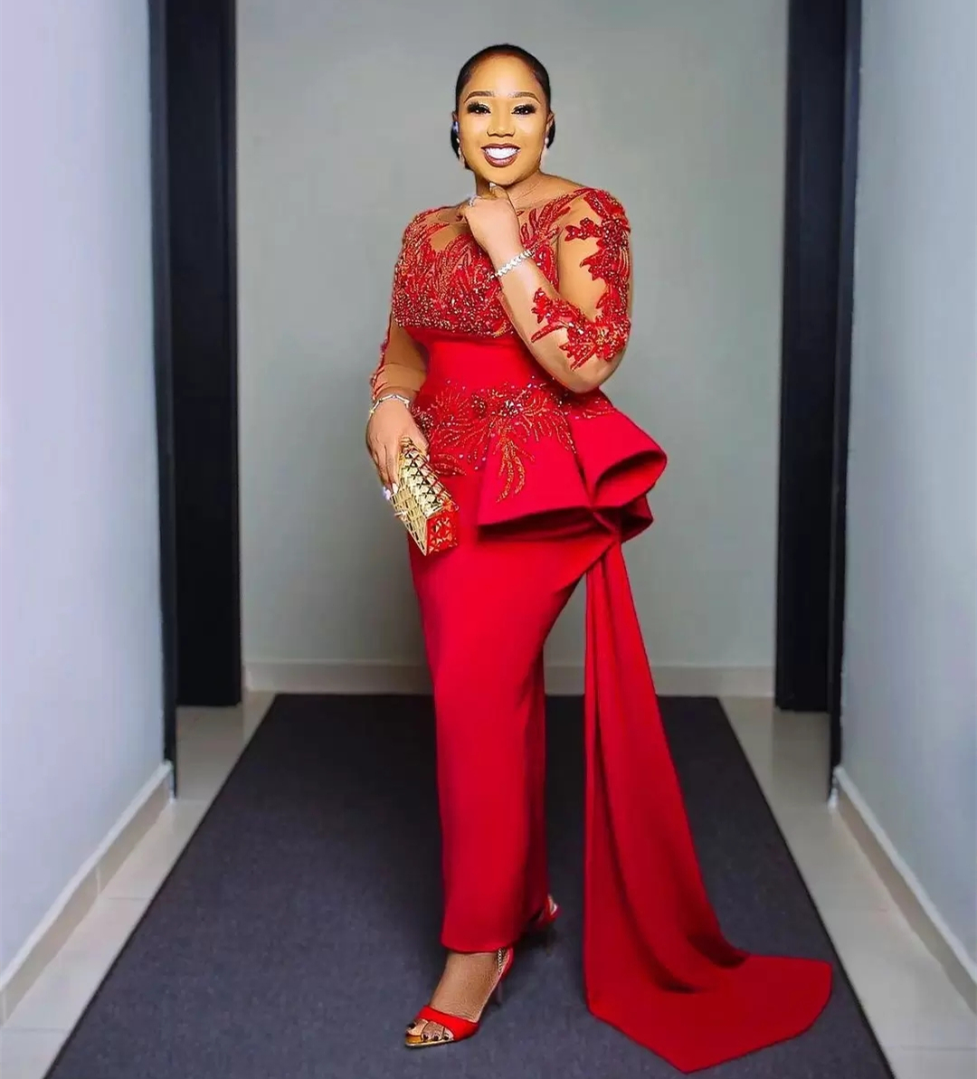 Aso Ebi Red Sheath Evening Dresses Shiny Beads Lace Applique Long Sleeves Ankle Length Satin African Prom Dress Peplum Celebrity Party Gown For Black 