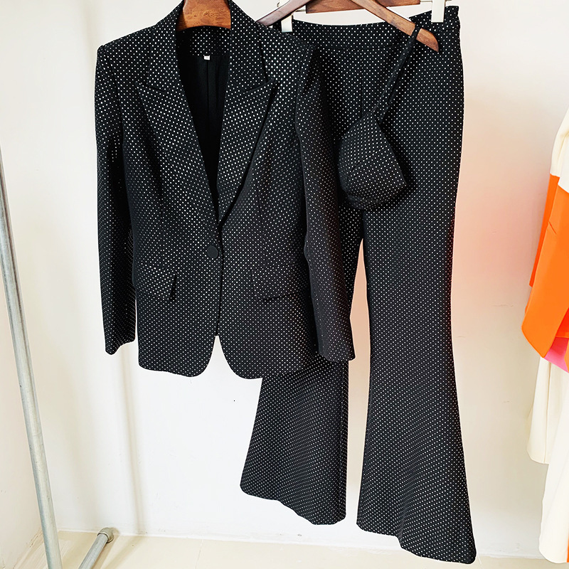 Womens Two Piece Pants High Quality 3 Sets Blazer Suits Women Black Bling Fashion INS Single Button Long Flared Formal 230209