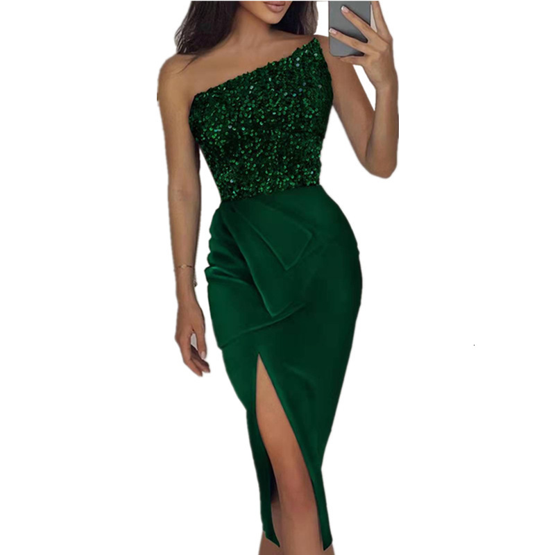 Casual Dresses Elegant Women Sexy Evening Dresses One Shoulder Split Sequined Bandage Y2k Summer Fashion Female Party Mini Midi the Dress 230210