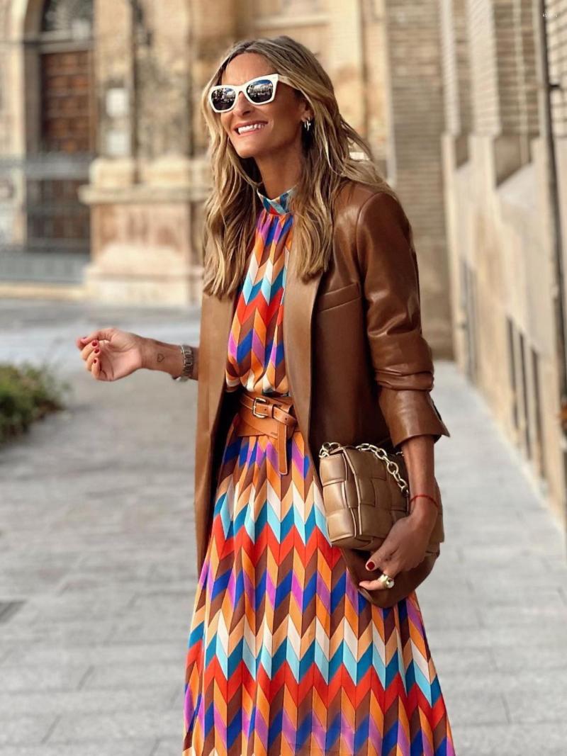 Casual Dresses Summer And Autumn Long Sleeve Printed Waist A-line Dress Womens Lantern Belt Fashion Holiday