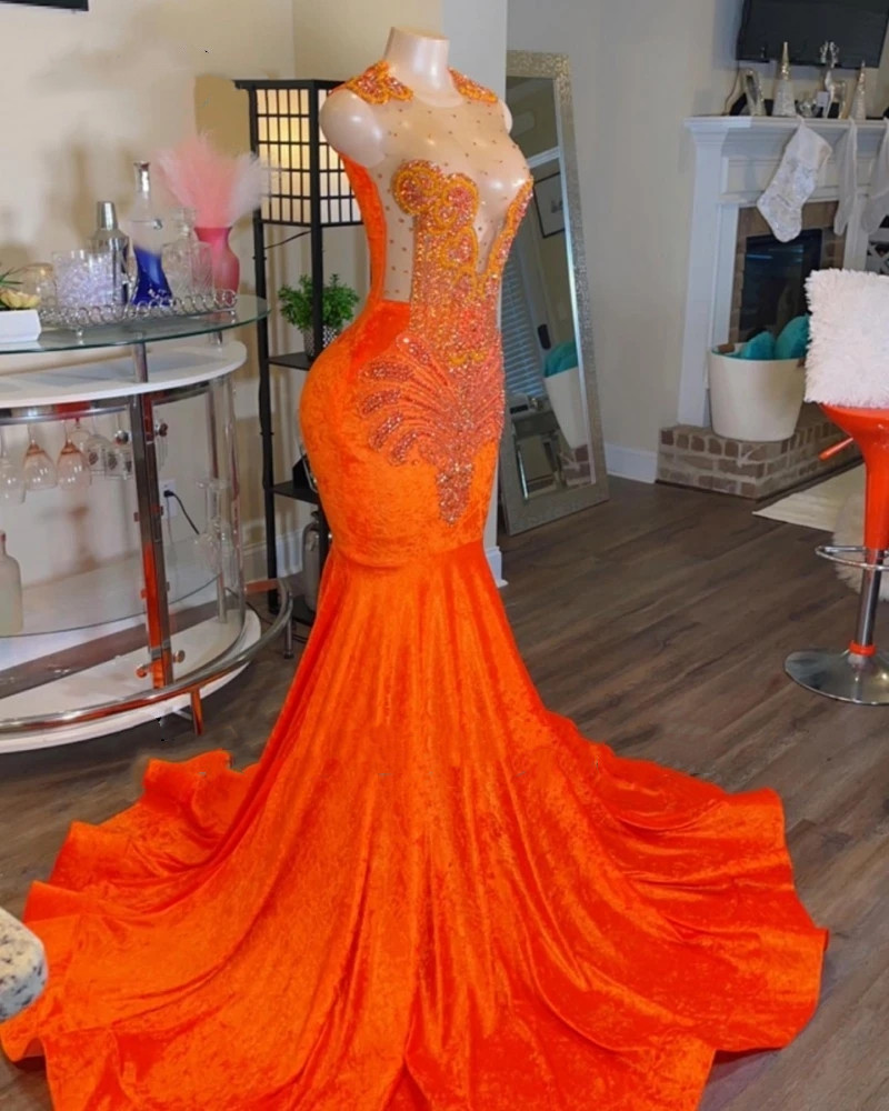 Orange Glitter Prom Dress for Black Girls 2023 Sequin Crystal Plus Size Formal Evening Party Gowns Robe De Bal