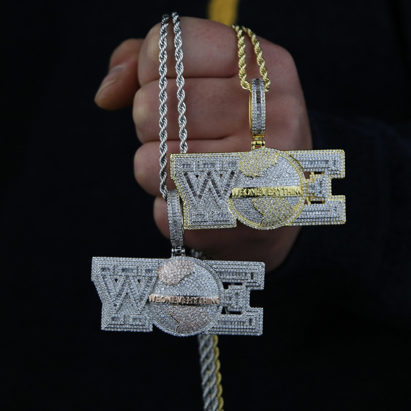 Iced Out Bling CZ Letters We On Everything Pendant Necklace Gold Silver Plated Cubic Zircon WOE Charm Hip Hop Jewelry For Men