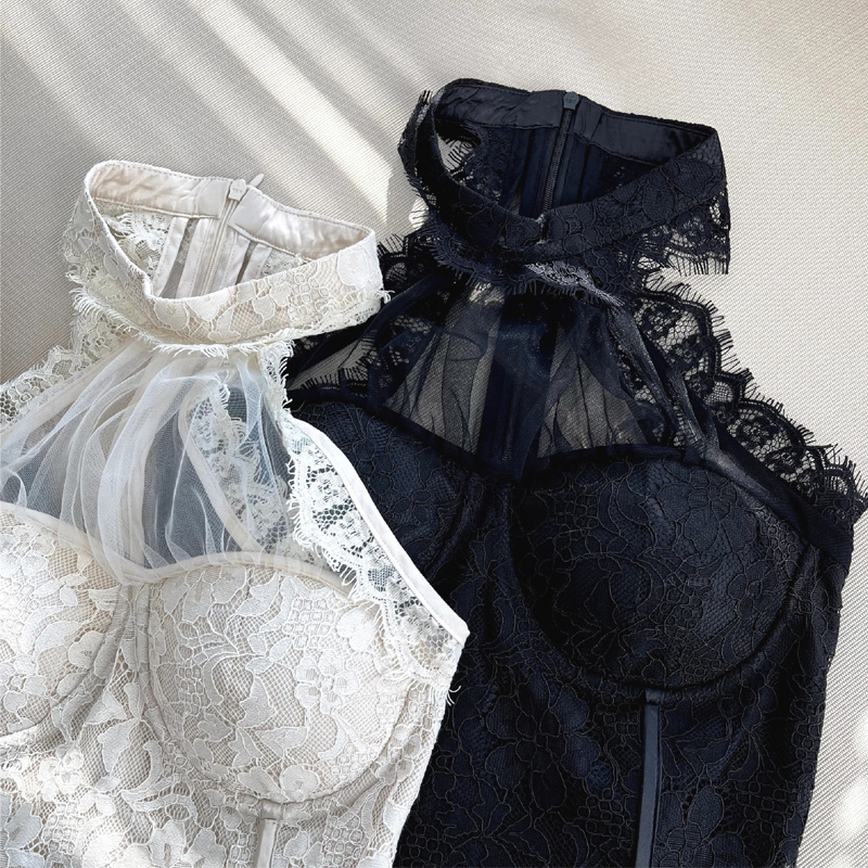 Women sexy halter neck gauze patched perspective lace floral padded bustier short tanks camis SML