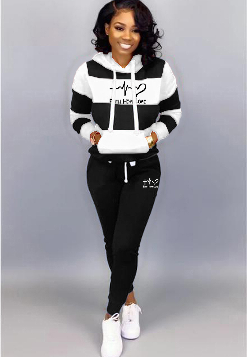 Womens Two Piece Pants 2 Set Spring Autumn Tracksuit Women Sweatshirt Print HoodiesPants Sportwear Sports Suit Hooded Hoodies 230209