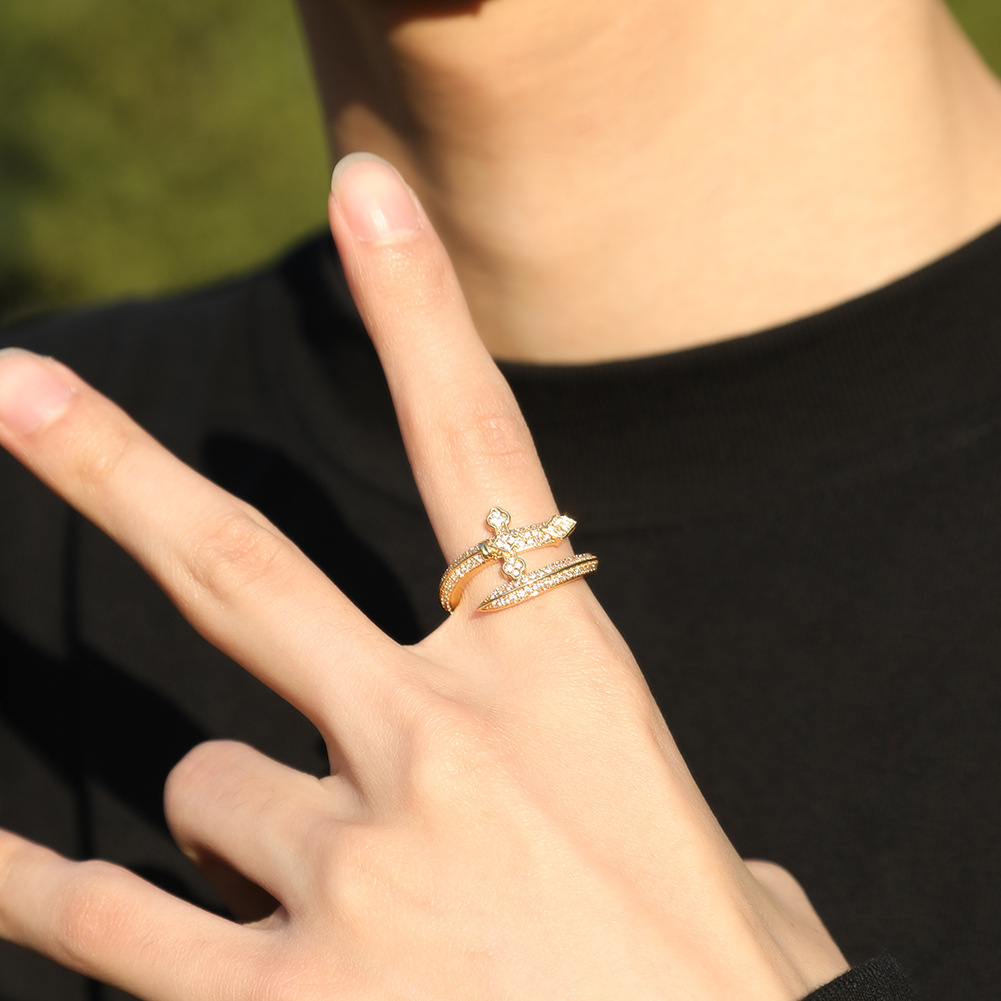 Hip Hop Retro Justice Sword Band Rings Real Gold Plated 5A Zircons Finger Jewelry