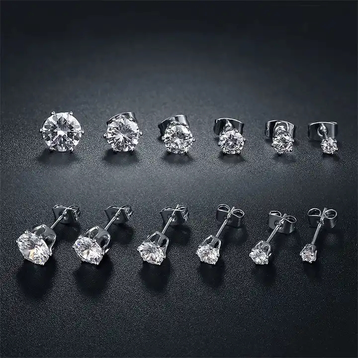 6 pairs Round Zircon Diamond Stud Earrings Stainless Steel Minimalist Simple Stone 3-8mm CZ Earrings for Women Men Unisex