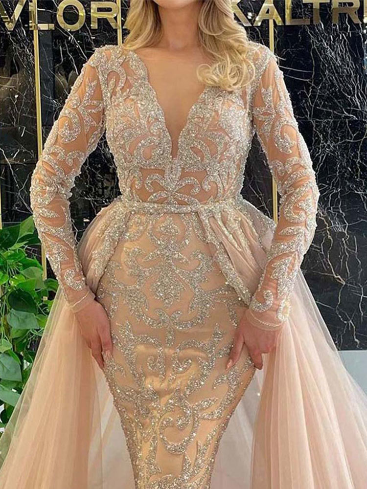 Casual Dresses Women Deep V-Neck Party Dresses V-Neck Long Sleeve Bodycon Fishtail Maxi Dress Ladies Evening Club Sequins Elegant Dress Robe 230210
