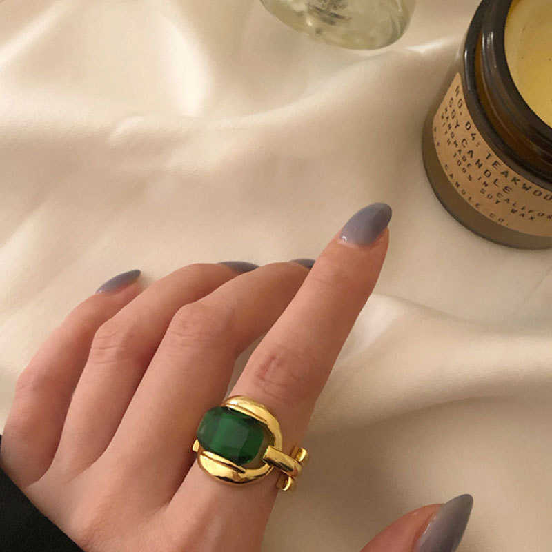 Solitaire Ring LIVVY Silver Color New Simple Design Green Stone Gold s Retro Opening Handmade Fashion Fine Jewelry Trend Y2302