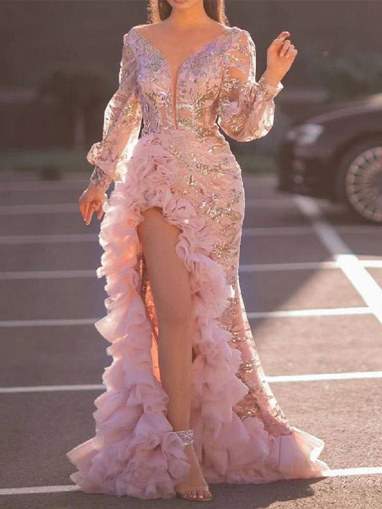 Casual Dresses Women Sexy V Neck Split Side Ruffles Pink Dress Elegant Lady Evening Party Dress Female Night Club Prom Wedding Long Maxi Dress 230210