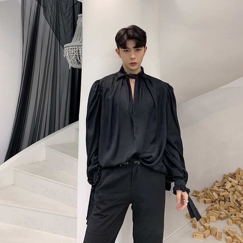 Men's Casual Shirts Men Long Puff Ruffles Sleeve BF Gothic Vintage Blouse Bat Style Folds Gentleman Victorian Elegant Fashion Tops 230209