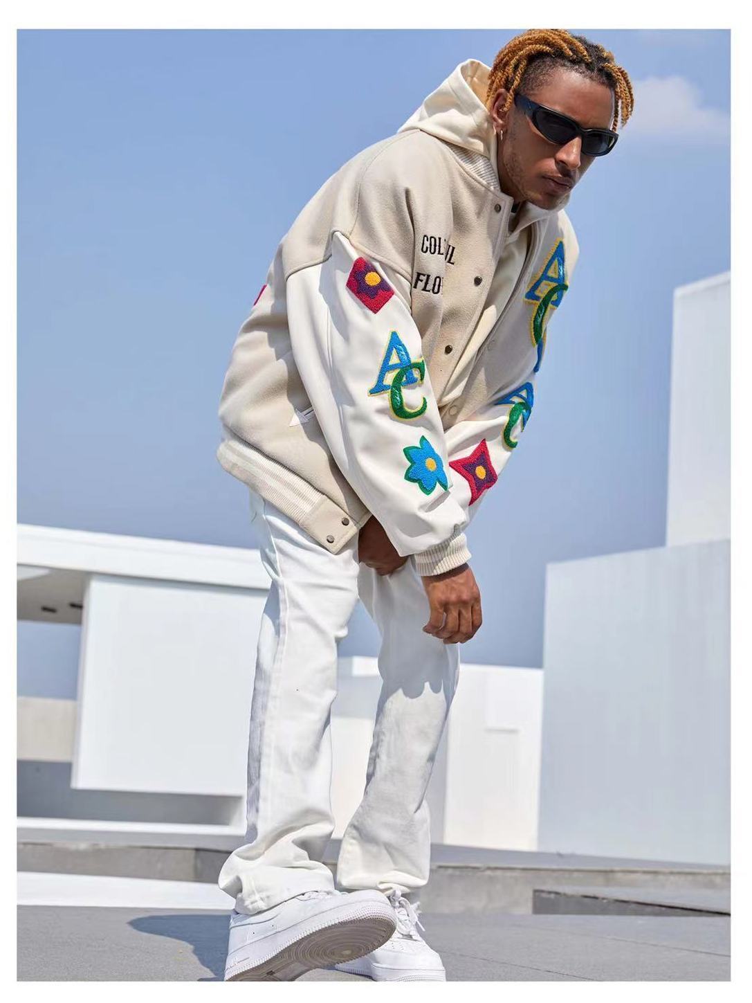 Mens Jackets American Flower Embroidered Flocking Streetwear Trend Coat Winter Moto Masculin Bomber 230210