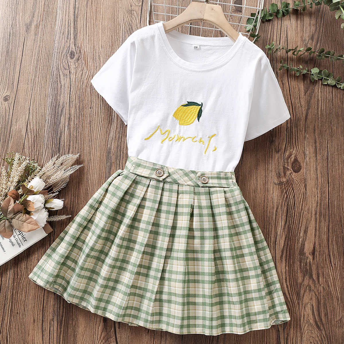 Clothing Sets Kids Preppy Suits for Girls Summer Sets Baby Short Sleeve TShirt Plaid Skirt School Costume Children Clothing 6 8 10 12 Years W230210
