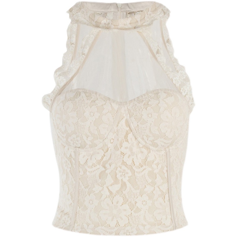 Women sexy halter neck gauze patched perspective lace floral padded bustier short tanks camis SML