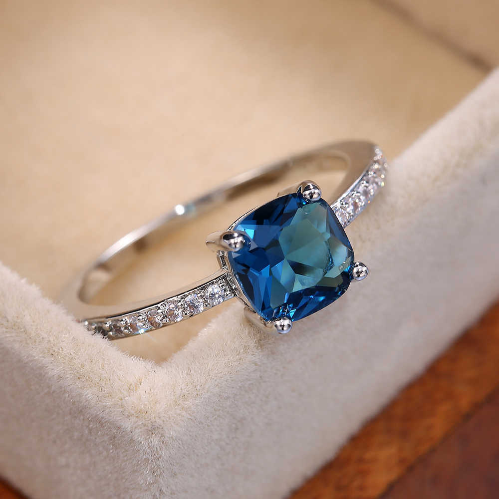 Solitaire Ring Huitan Square Blue Series Stone Women s Simple Minimalist Pinky Accessories Band Elegant Engagement Jewelry s Y2302