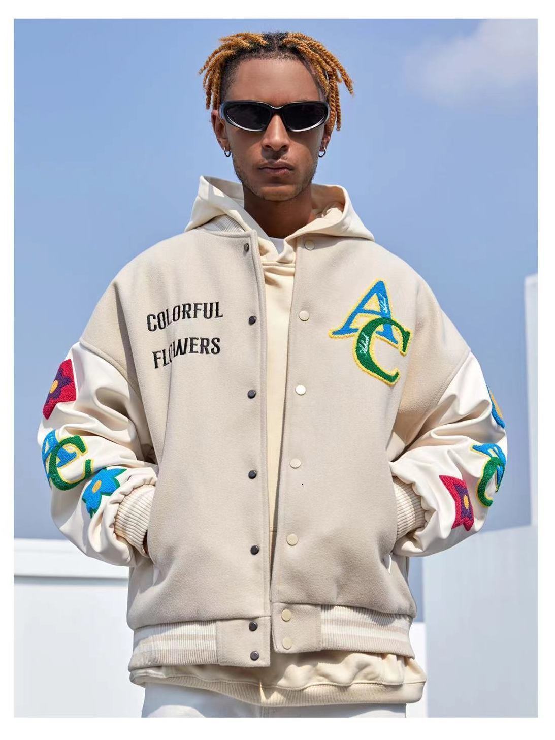 Mens Jackets American Flower Embroidered Flocking Streetwear Trend Coat Winter Moto Masculin Bomber 230210