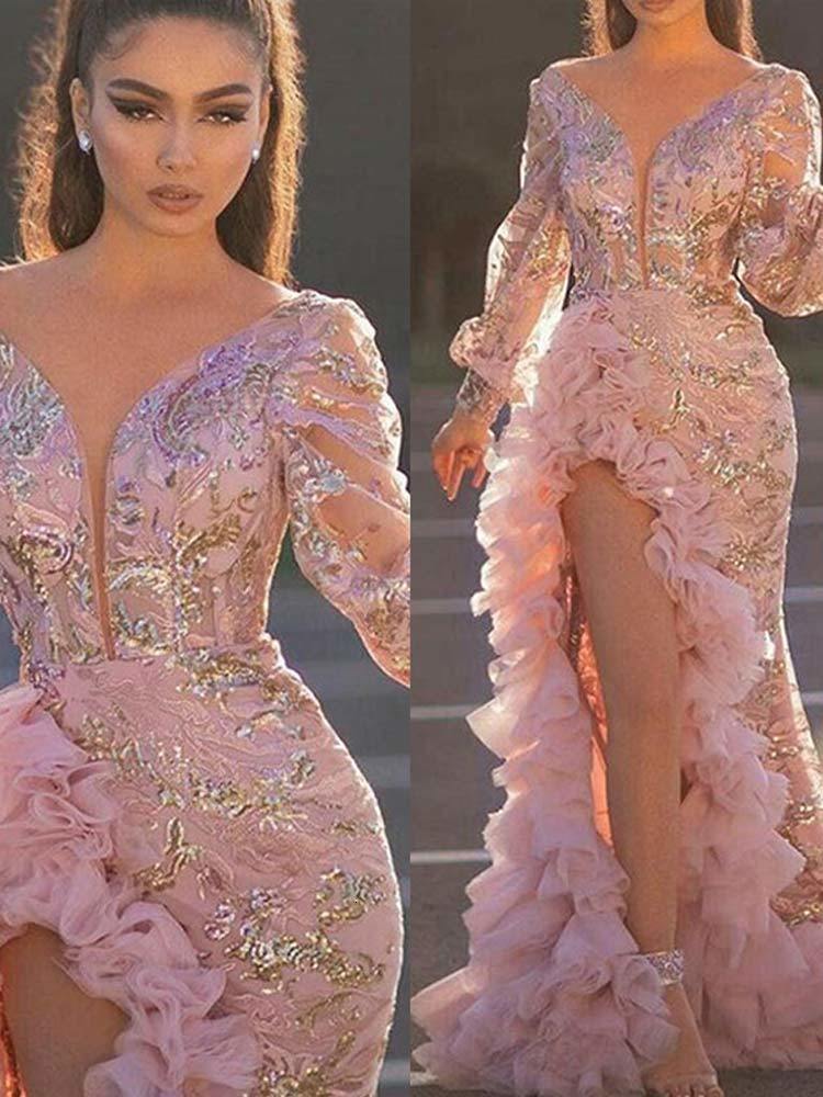 Casual Dresses Women Sexy V Neck Split Side Ruffles Pink Dress Elegant Lady Evening Party Dress Female Night Club Prom Wedding Long Maxi Dress 230210