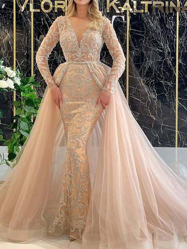 Casual Dresses Women Deep V-Neck Party Dresses V-Neck Long Sleeve Bodycon Fishtail Maxi Dress Ladies Evening Club Sequins Elegant Dress Robe 230210