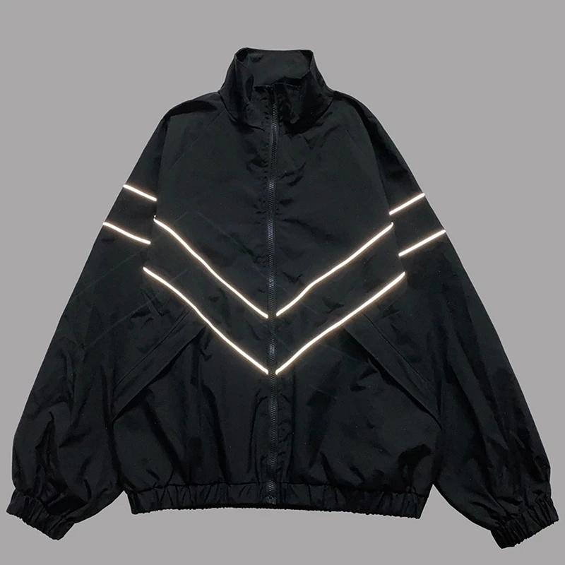 Mens Jackets Hip Hop Reflective Striped Harajuku Patchwork Zipper Windbreaker Streetwear Casual Loose Varsity Coats Unisex Blue 230210