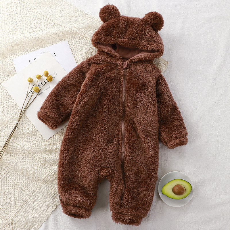 Rompers Cute Bear Baby Boy Girl Clothes born Long Sleeve Hoodes Zipper Romper Thick Warm Flannel Infant Clothing 0 36M 230209