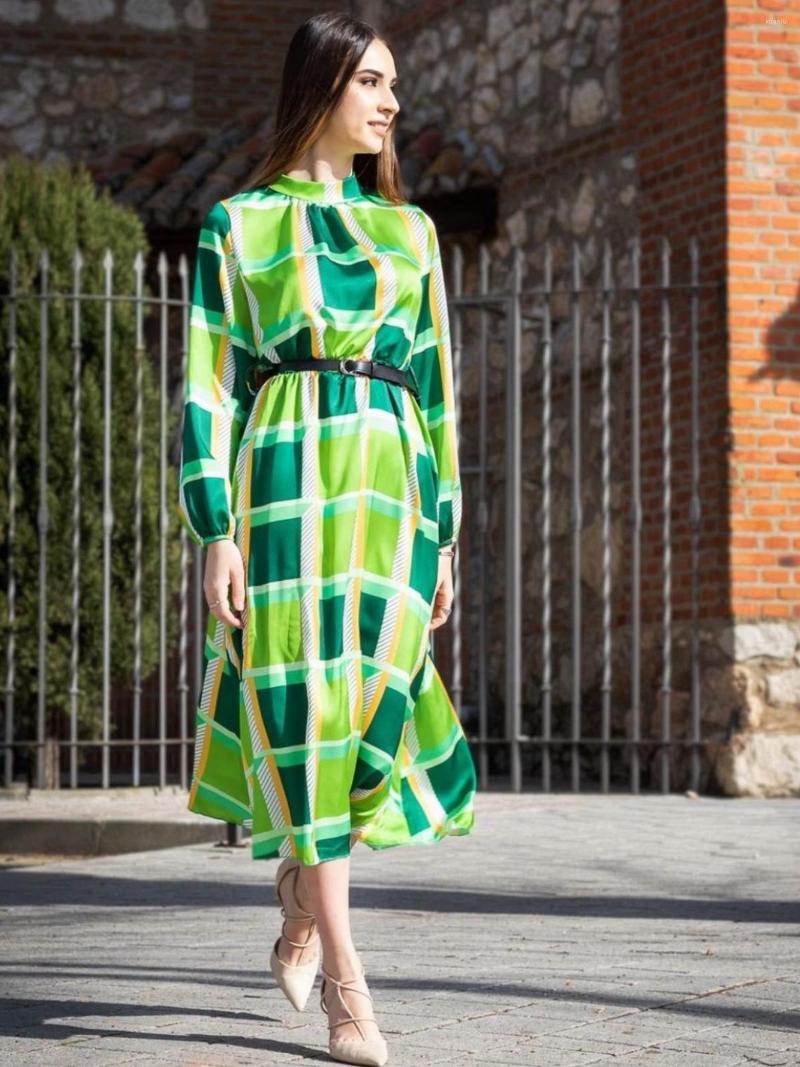 Casual Dresses Summer And Autumn Long Sleeve Printed Waist A-line Dress Womens Lantern Belt Fashion Holiday
