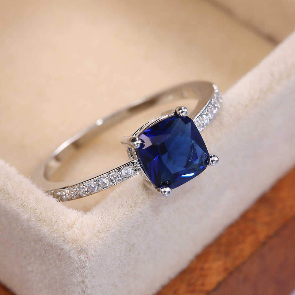 Solitaire Ring Huitan Square Blue Series Stone Women s Simple Minimalist Pinky Accessories Band Elegant Engagement Jewelry s Y2302