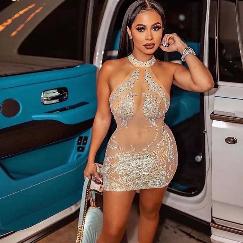 Mesh Casual Sheer Dresses See Through Sexy Party Dress For Women Party Club Night Mini Bodycon Dress Luxury Rhinestone Sparkly Birthday Dress T2