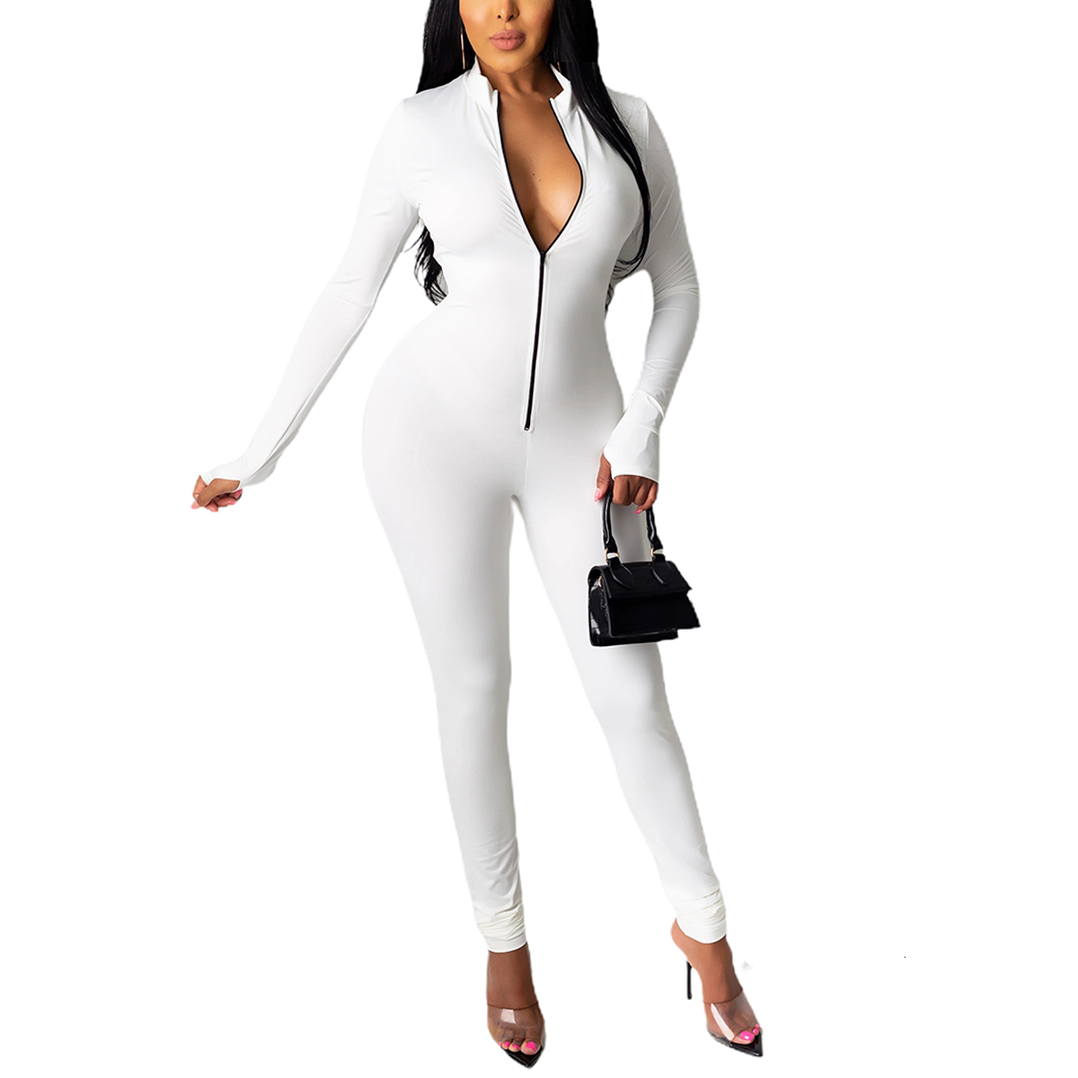Women's Jumpsuits Rompers Women Solid Jumpsuit Zipper Fitness Playsuit Sportswear V Neck Front Long Sleeve Fitness Rompers Playsuits 230210