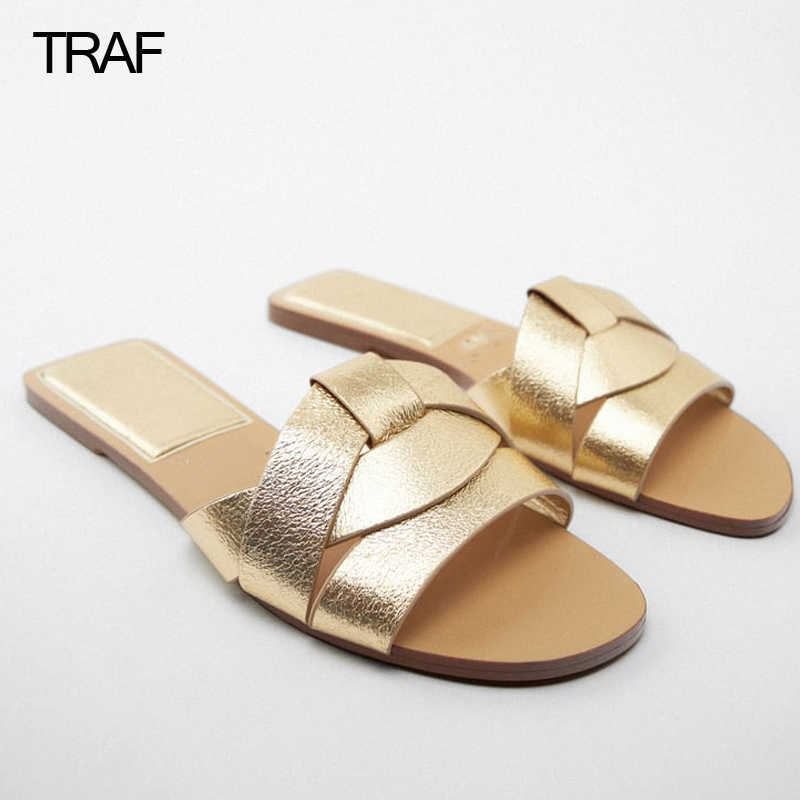 Sandals TRAF Summer 2022 Women's Flat Slippers Sandals Gold Flat Criss-Cross Leather Slider Sandals Woman Luxury Slingback Shoes T2302