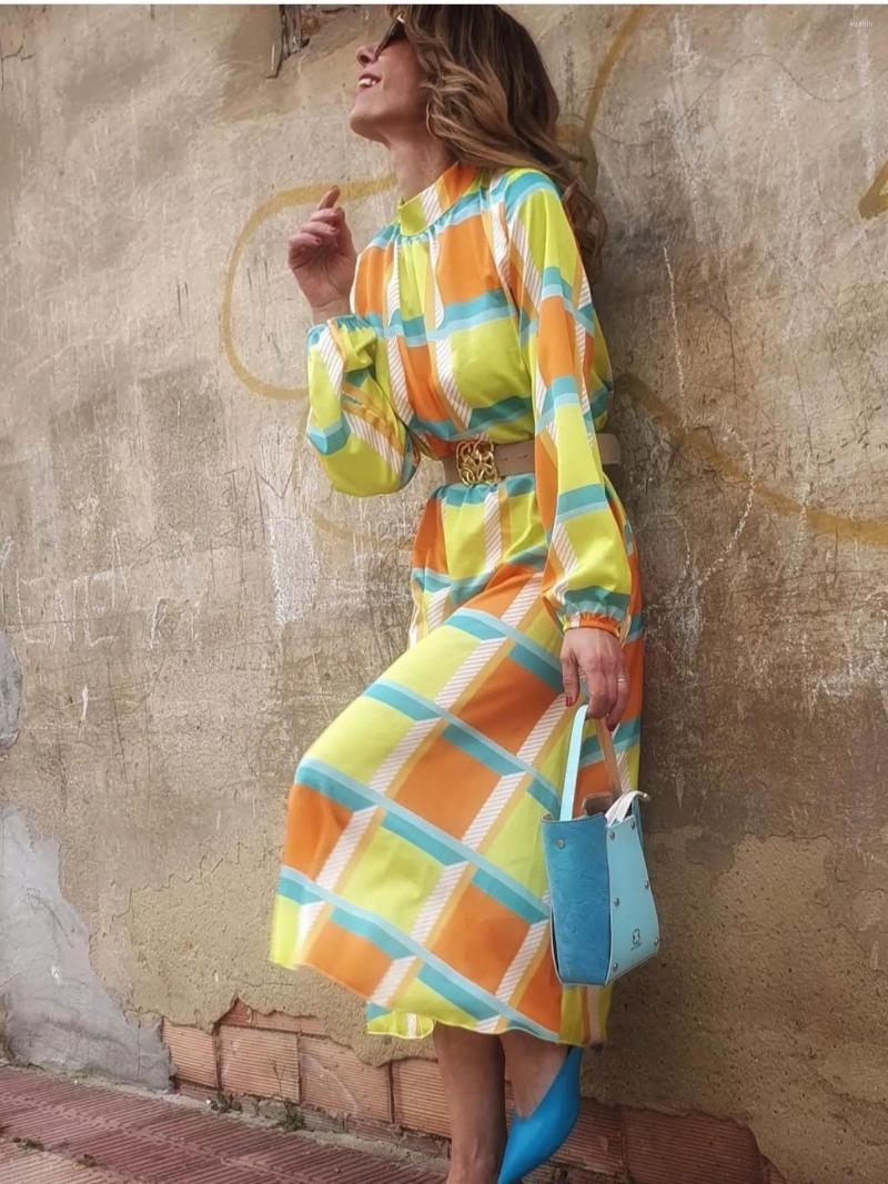 Casual Dresses Summer And Autumn Long Sleeve Printed Waist A-line Dress Womens Lantern Belt Fashion Holiday