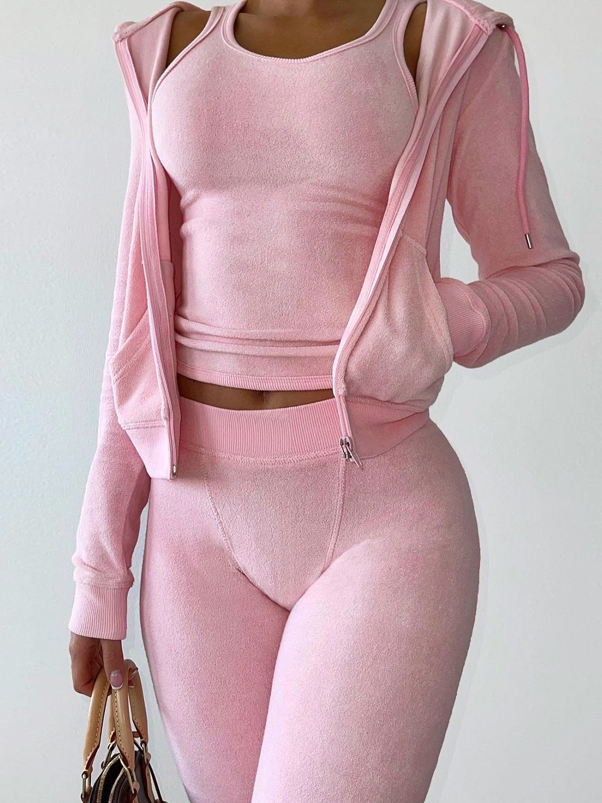 Women's Two Piece Pants Tracksuit Woman Double Face Fleece Vest Hooded Three Set Matching Jogger Lounge Wear Sports Female Bulk Wholesale 230209