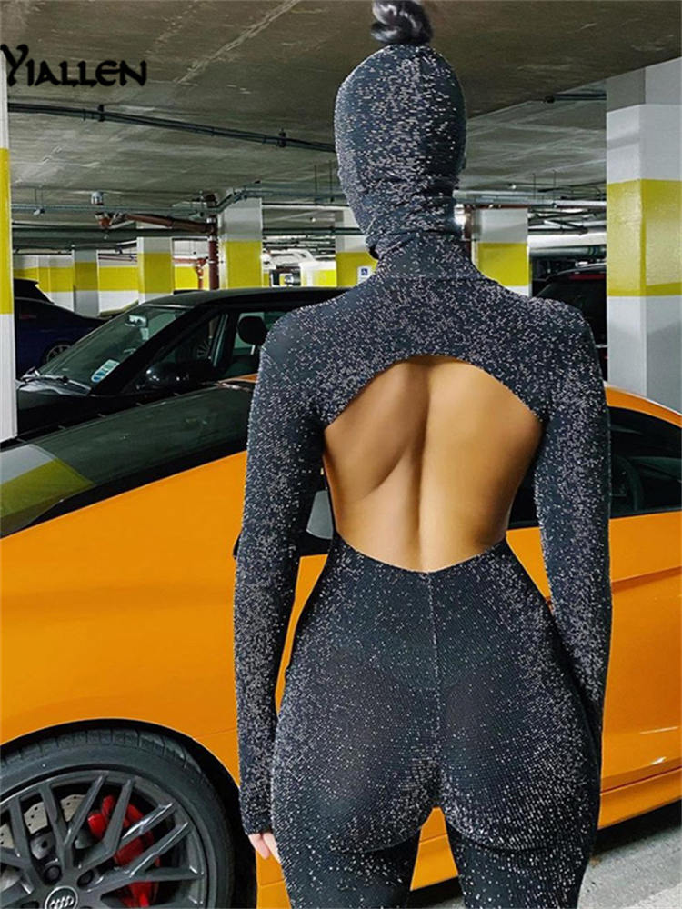 Women's Jumpsuits Rompers Yiallen Sexy Backless Shiny Jumpsuit Mask Two Piece Outfits Women Matching Set Spring Night Party Club Femme Activewear