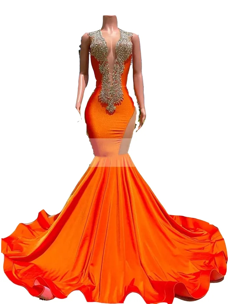 2023 Arabic Prom Dresses Luxurious Beaded Crystals Rhinestone Orange Deep V Neck Evening Dress Mermaid Formal Party Gowns Open Back GW0210