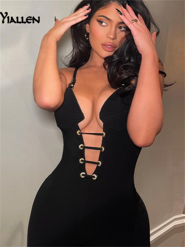 Women's Jumpsuits Rompers Yiallen Summer Sexy Strap Black Tight Woman Jumpsuits Low Chest V Neck Sleeveless Bandage Sportswear Ribbed Female Cats