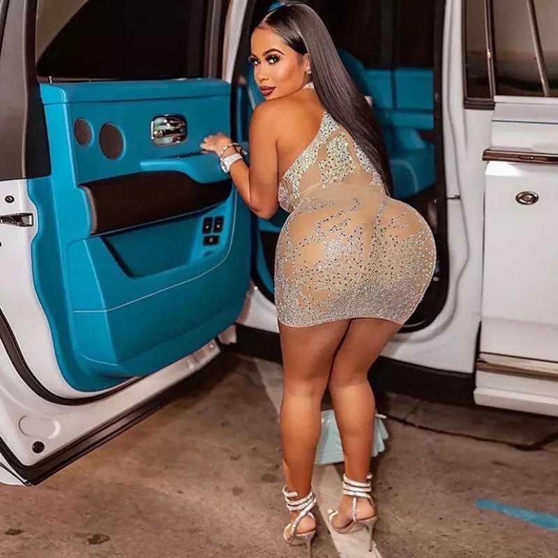 Mesh Casual Sheer Dresses See Through Sexy Party Dress For Women Party Club Night Mini Bodycon Dress Luxury Rhinestone Sparkly Birthday Dress T2
