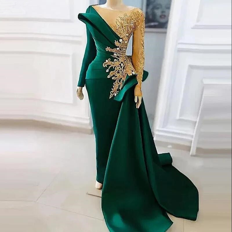 Arabic Aso Ebi Mermaid Prom Dresses hunter green Gold Appliqued Lace Beaded Sheer Neck Long Sleeves Evening Gowns Peplum train