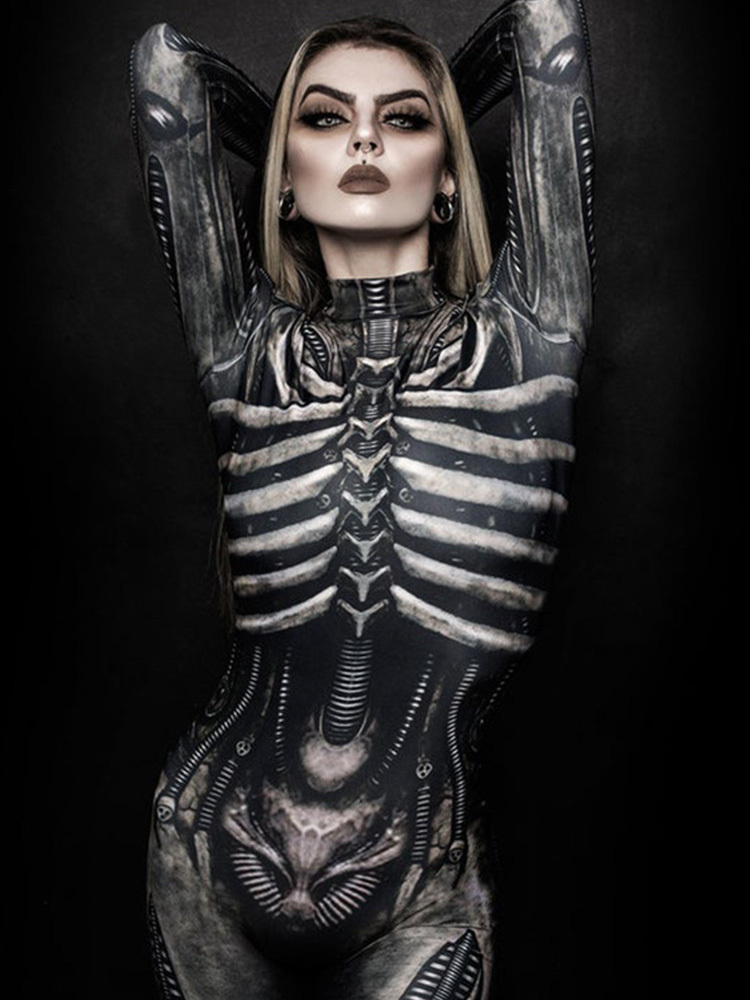 Women's Jumpsuits Rompers Halloween Skeleton Printed Bodysuit Cosplay Costumes Suit Women Jumpsuit Disfraz Halloween Mujer Scary Costumes 230210