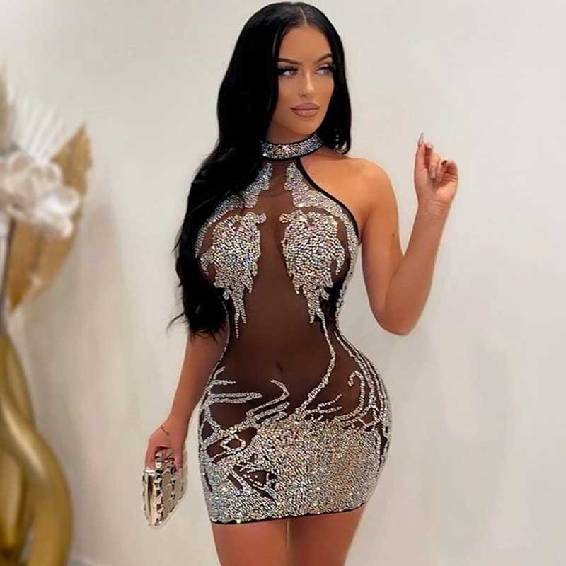 Mesh Casual Sheer Dresses See Through Sexy Party Dress For Women Party Club Night Mini Bodycon Dress Luxury Rhinestone Sparkly Birthday Dress T2