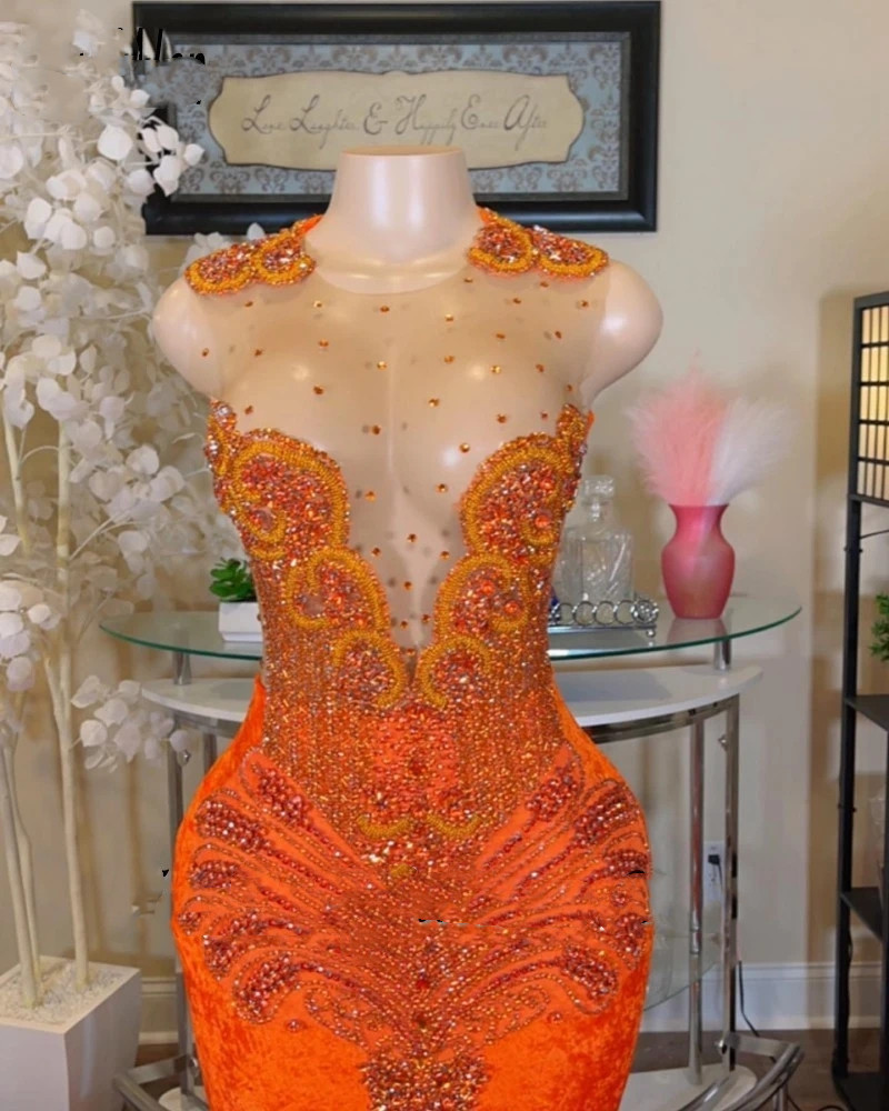 Orange Glitter Prom Dress for Black Girls 2023 Sequin Crystal Plus Size Formal Evening Party Gowns Robe De Bal