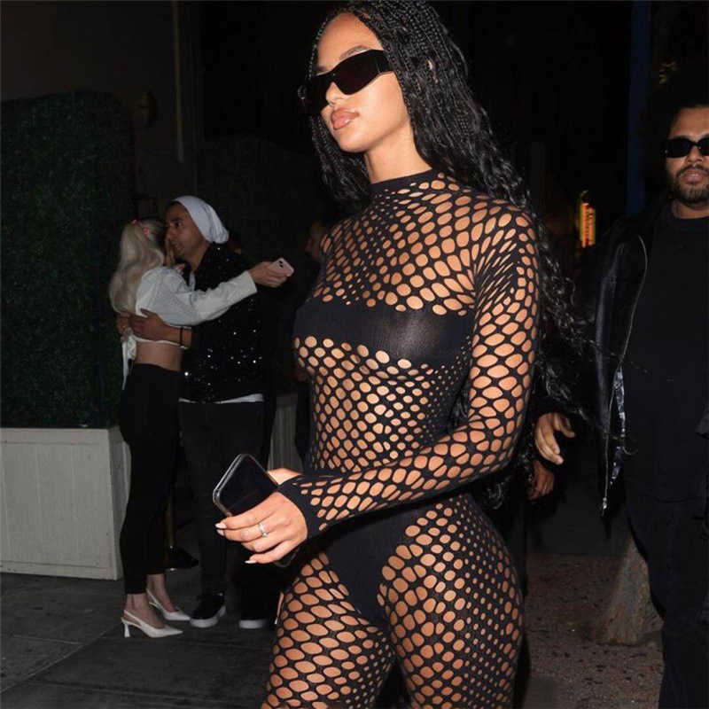 2023 Women pants Spring Women's New Fishing Net Perspective Hollow High Waist Tight Pants Set