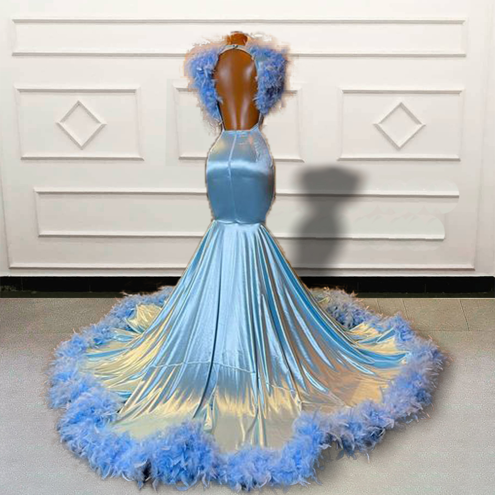 Luxe Baby Blue Feather Prom Dress 2023 Elegant For Black Girls Mermaid Diamond African Aso Ebi Evening Dress Backless Formal Party Gowns Elegant robe 