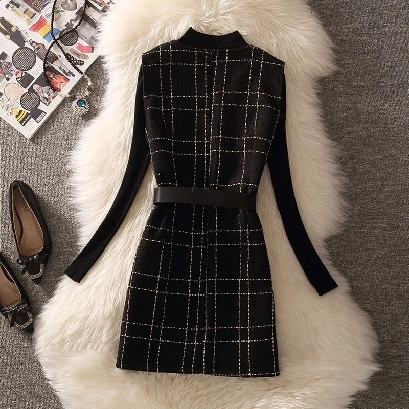 Women's Vests Vintage Mid-Length 75cm Plaid Tweed Vest Jacket Women 2 Piece Set Elegant Pearl Button Belted Unlined Waistcoat And Knit Sweater 23 - view 3